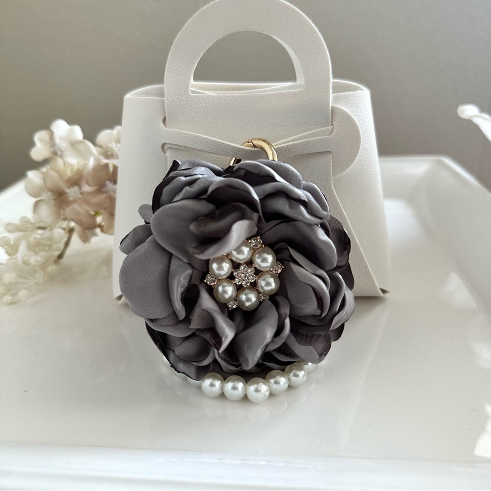 Grey Satin Floral Pearl Bag Charm/Keychain